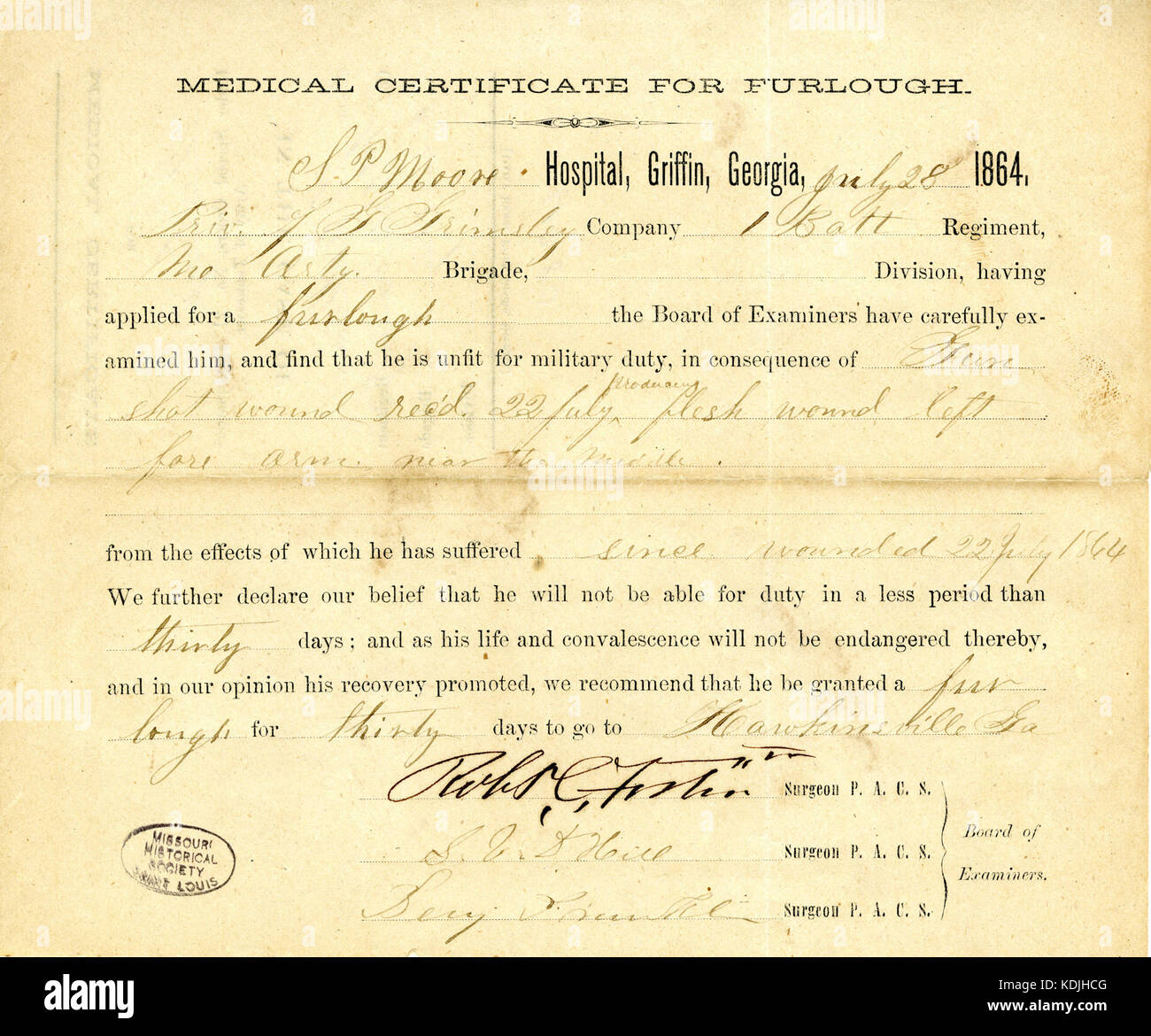 Certificat médical de G.G. Grimsley, 28 juillet 1864 Banque D'Images