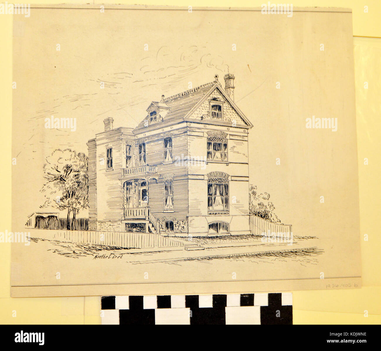 Dessin à l'encre d'un accueil de trois étages par John W. Herthel Banque D'Images