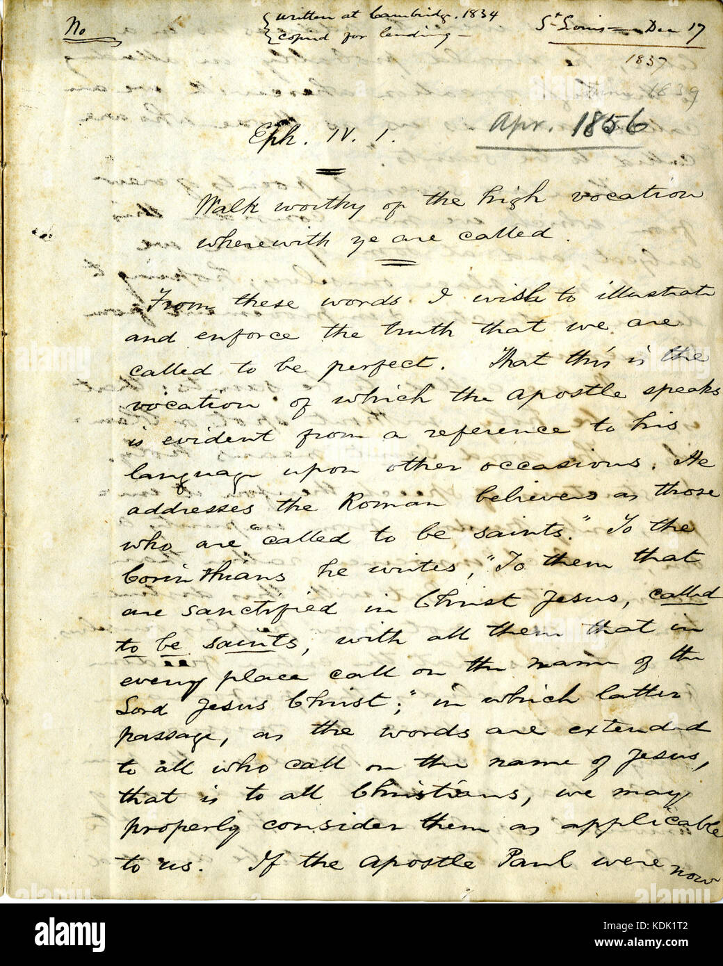 Autographe de sermon prononcé par le révérend William Greenleaf Eliot, Décembre 17, 1837 Banque D'Images