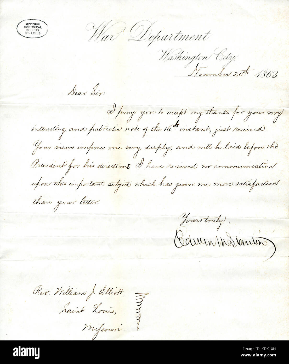 Lettre signée Edwin M. Stanton, Ministère de la guerre, Washington, ville de révérend William G. Eliot, Saint Louis, Missouri, le 20 novembre, 1863 Banque D'Images