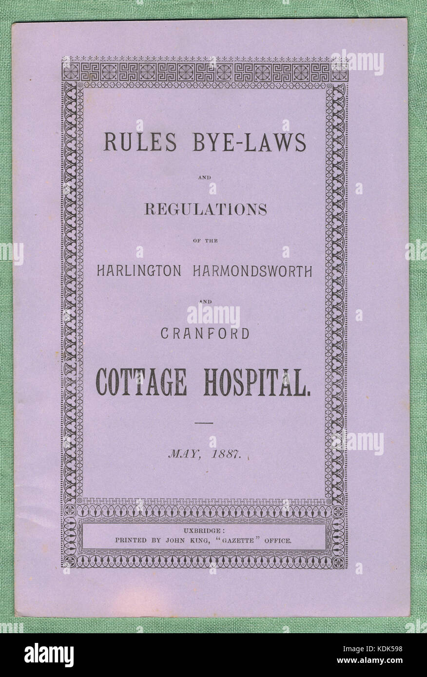 Au revoir les règles de lois et règlements de l'Harlington Harmondsworth et Cranford Cottage Hospital. Mai, 1887 Banque D'Images