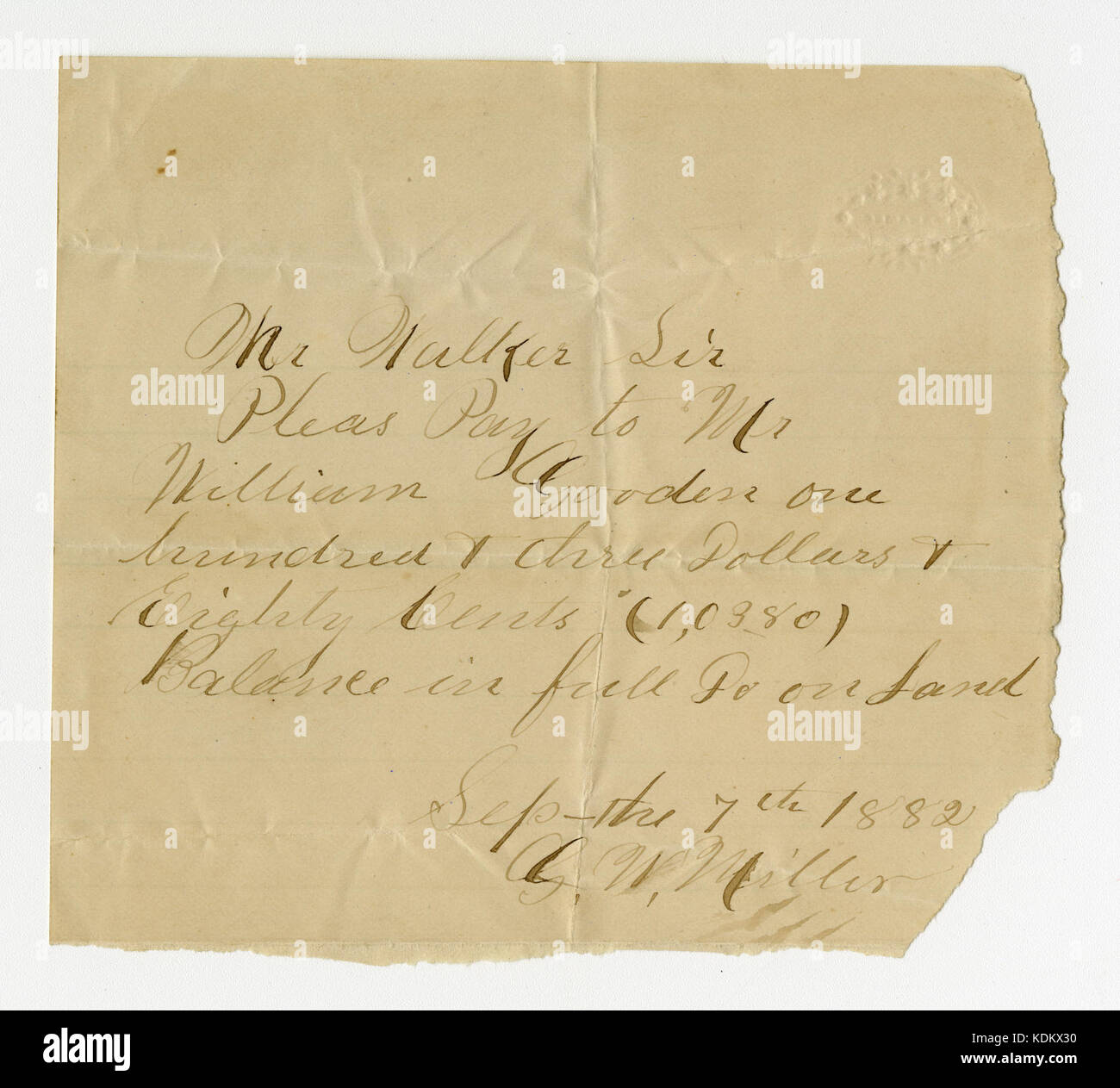 Ordre de payer G. W. Miller à M. Walker, le 7 septembre 1882 Banque D'Images