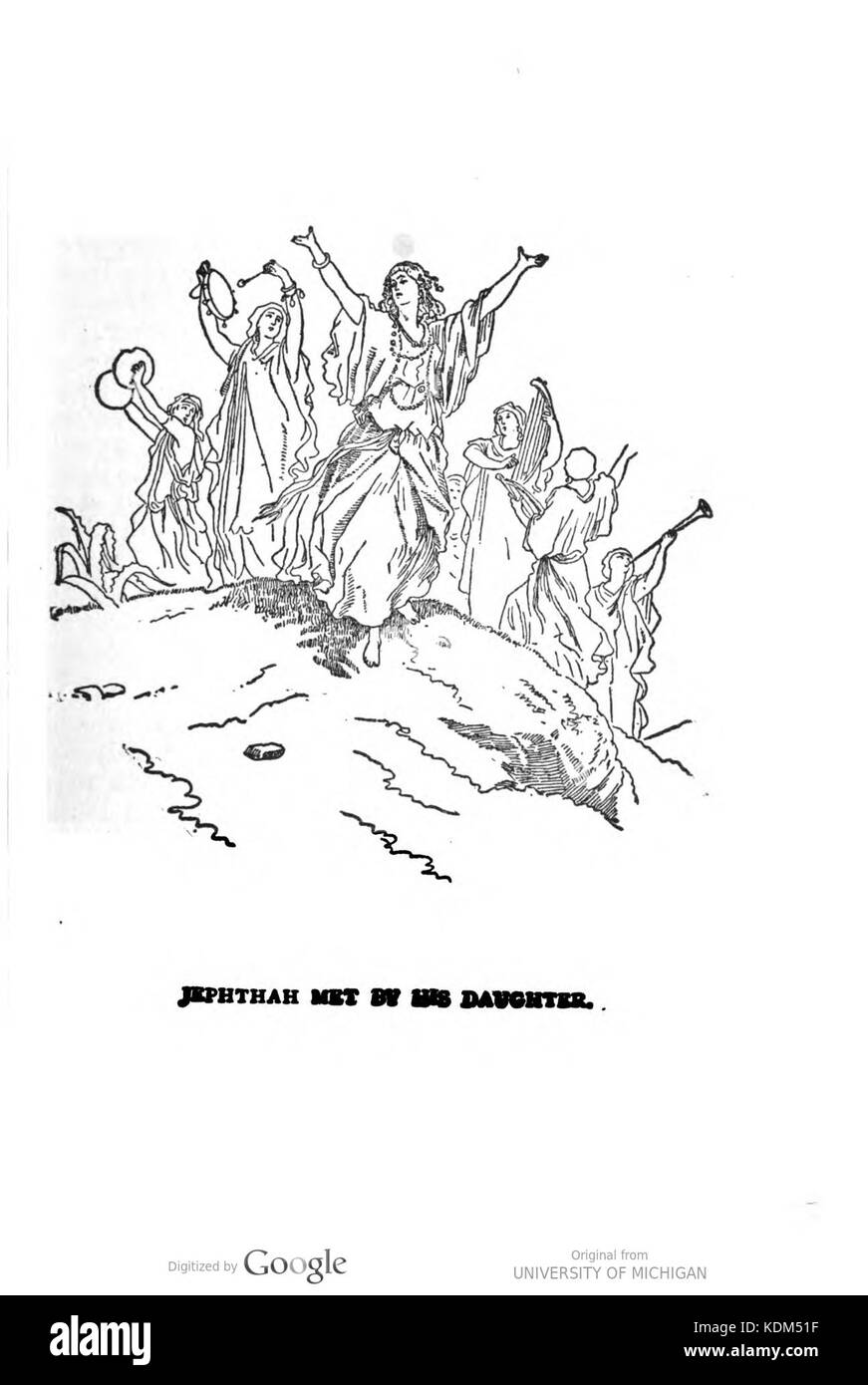 Cette scène représente le moment biblique où Jephtah est rencontré par sa fille, un événement poignant et tragique du Livre des juges dans la Bible, souvent interprété comme un symbole de sacrifice. Banque D'Images
