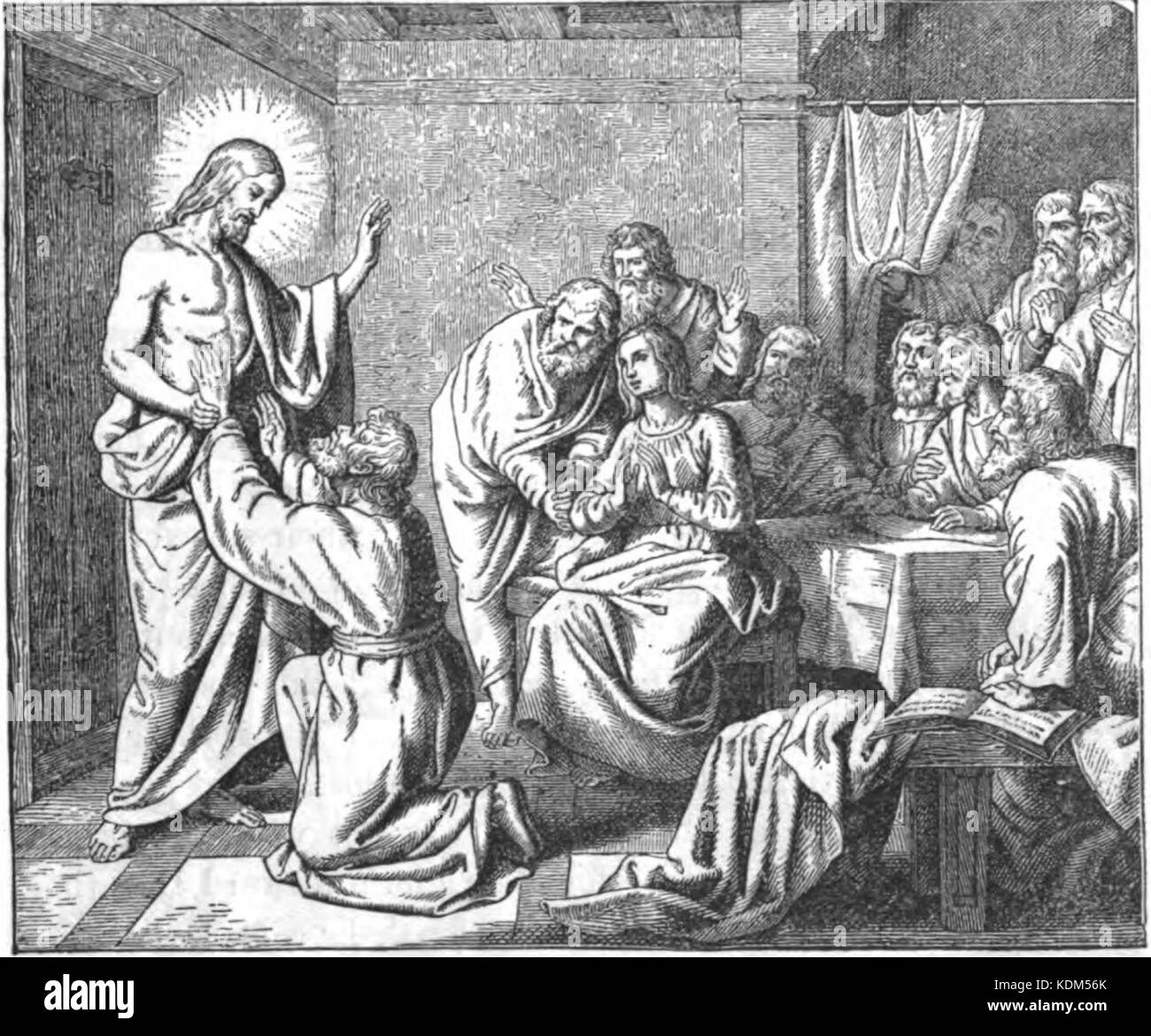 Cette œuvre religieuse représente le moment biblique où Jésus apparaît à l'apôtre Thomas, offrant la preuve de sa résurrection. La scène est un moment important dans la théologie chrétienne, symbolisant la foi et le doute. Banque D'Images