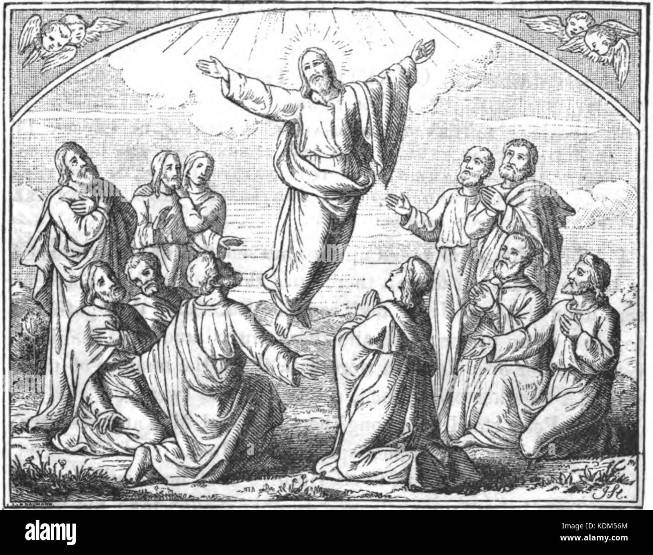 Cette image représente l'Ascension de Jésus-Christ, un événement dans la théologie chrétienne où Jésus monte au ciel en présence de ses disciples. Il est célébré dans les traditions chrétiennes comme un moment clé dans la vie de Jésus, marquant la fin de son ministère terrestre. Banque D'Images