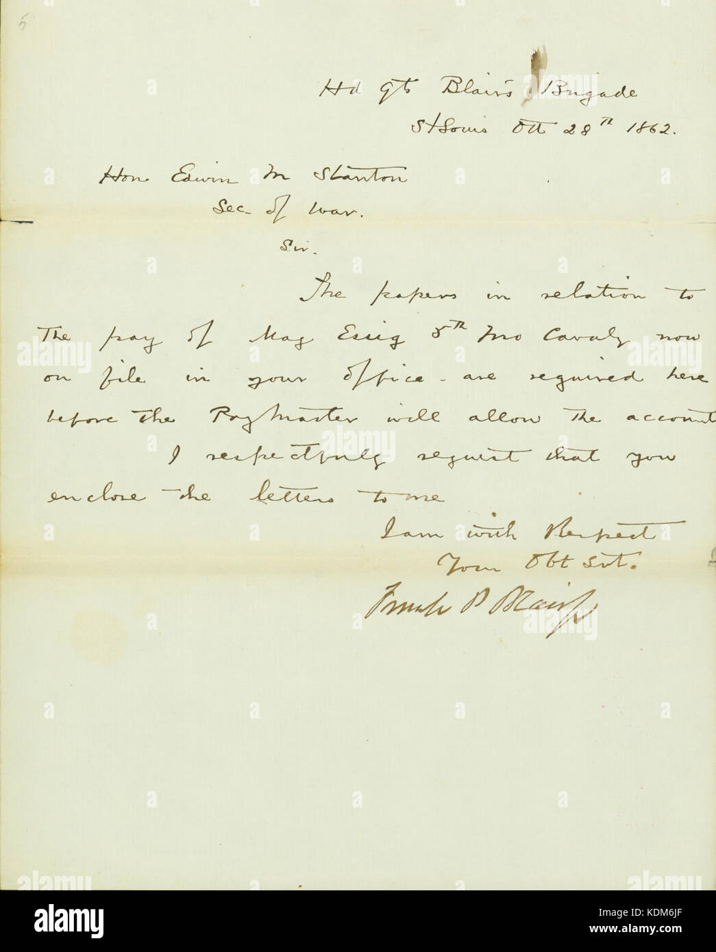Lettre signée Frank P. Blair, Jr, Saint Louis, à l'honorable Edwin M. Stanton, secrétaire de la guerre, le 28 octobre 1861 Banque D'Images