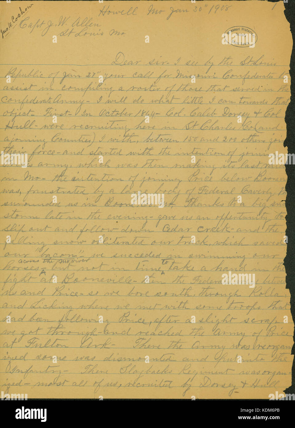 Lettre signée John W. Coshow, Howell, Missouri, dans J.W. (James Allen W. Allen), Saint Louis, le 30 janvier, 1908 Banque D'Images