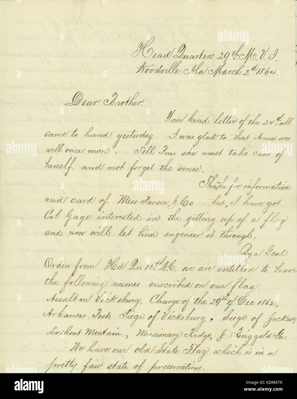 Lettre signée David Allan, Jr., Head Quarters 29e M.V.I., Woodville, Ala., à son frère, James Allan, Saint Louis, Mo., Mars 2, 1864 Banque D'Images