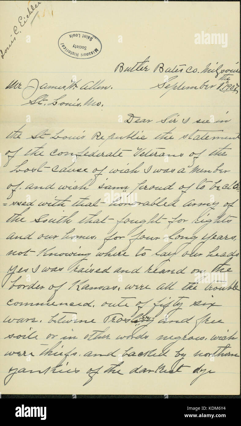 Lettre signée Lewis C. Eichler, Butler, Bates Comté (Missouri), à James W. Allen, Saint Louis, le 1 septembre 1907 Banque D'Images