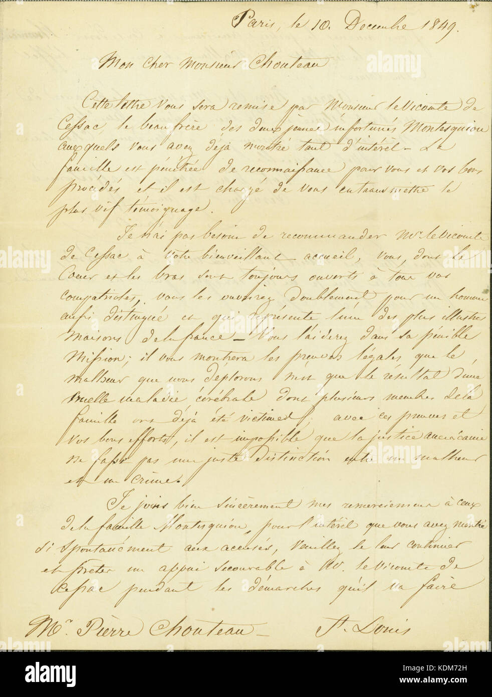 Lettre signée L. de la Forete, Paris, à Pierre Chouteau, Saint Louis, le 10 décembre 1849 Banque D'Images