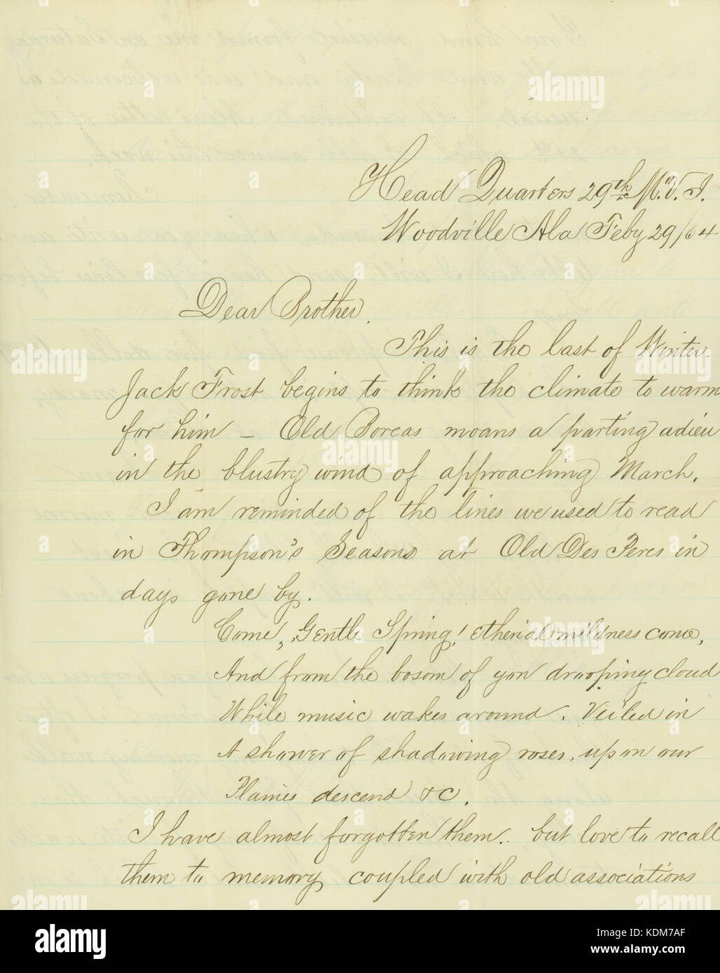 Lettre signée David Allan, Jr., Head Quarters 29e M.V.I., Woodville, Ala., à son frère, James Allan, Saint Louis, Mo., Février 29, 1864 Banque D'Images