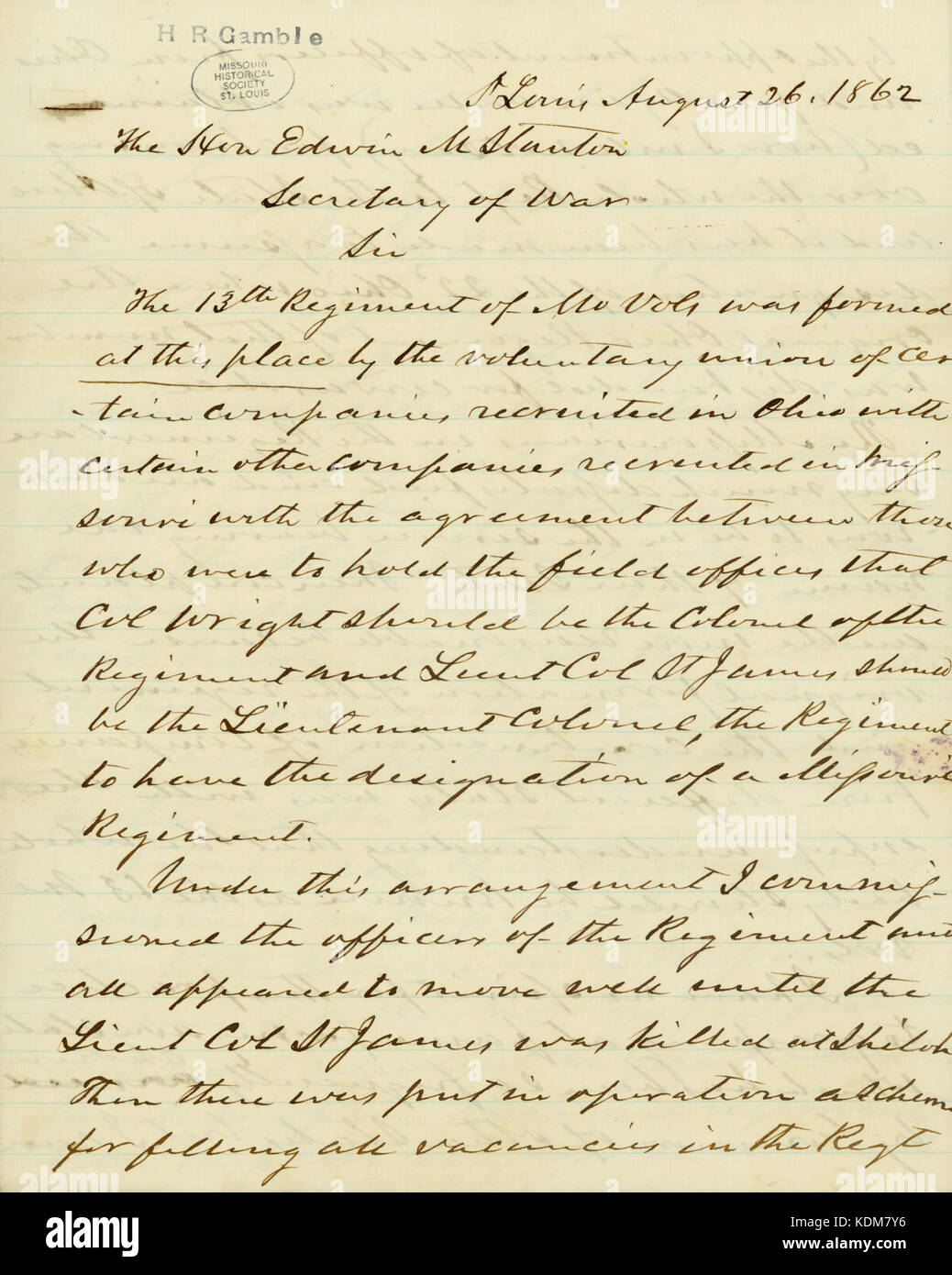Lettre signée H.R. Gamble, Saint Louis, à l'honorable Edwin M. Stanton, secrétaire de la guerre, le 26 août 1862 Banque D'Images