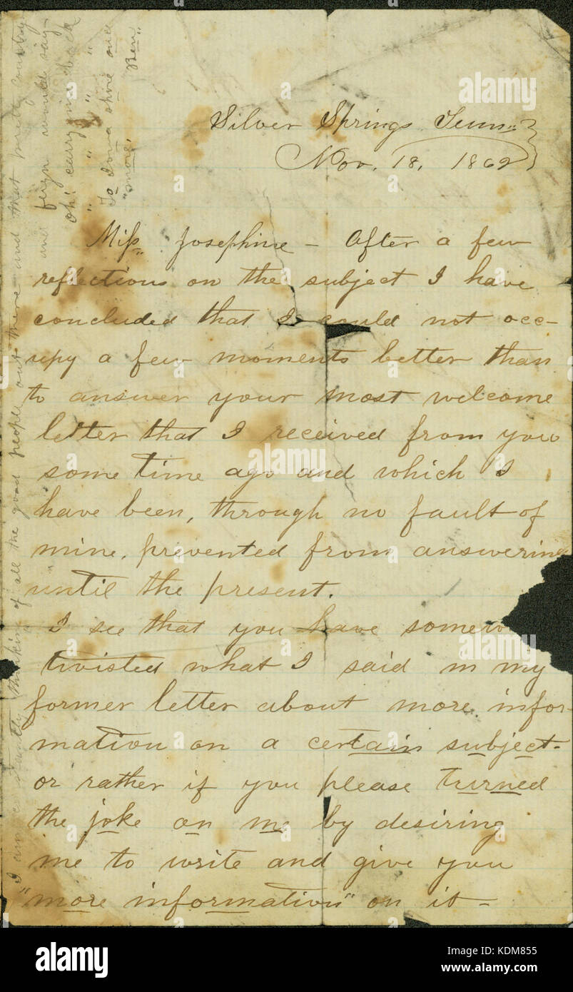 Lettre de Thomas Ben, Silver Spring, Maryland, à Joséphine, le 18 novembre 1862 Banque D'Images