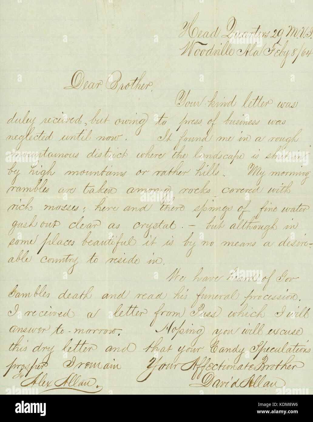 Lettre signée David Allan, Head Quarters 29e M.V.I., Woodville, Ala., à son frère, Alex Allan, le 8 février 1864 Banque D'Images