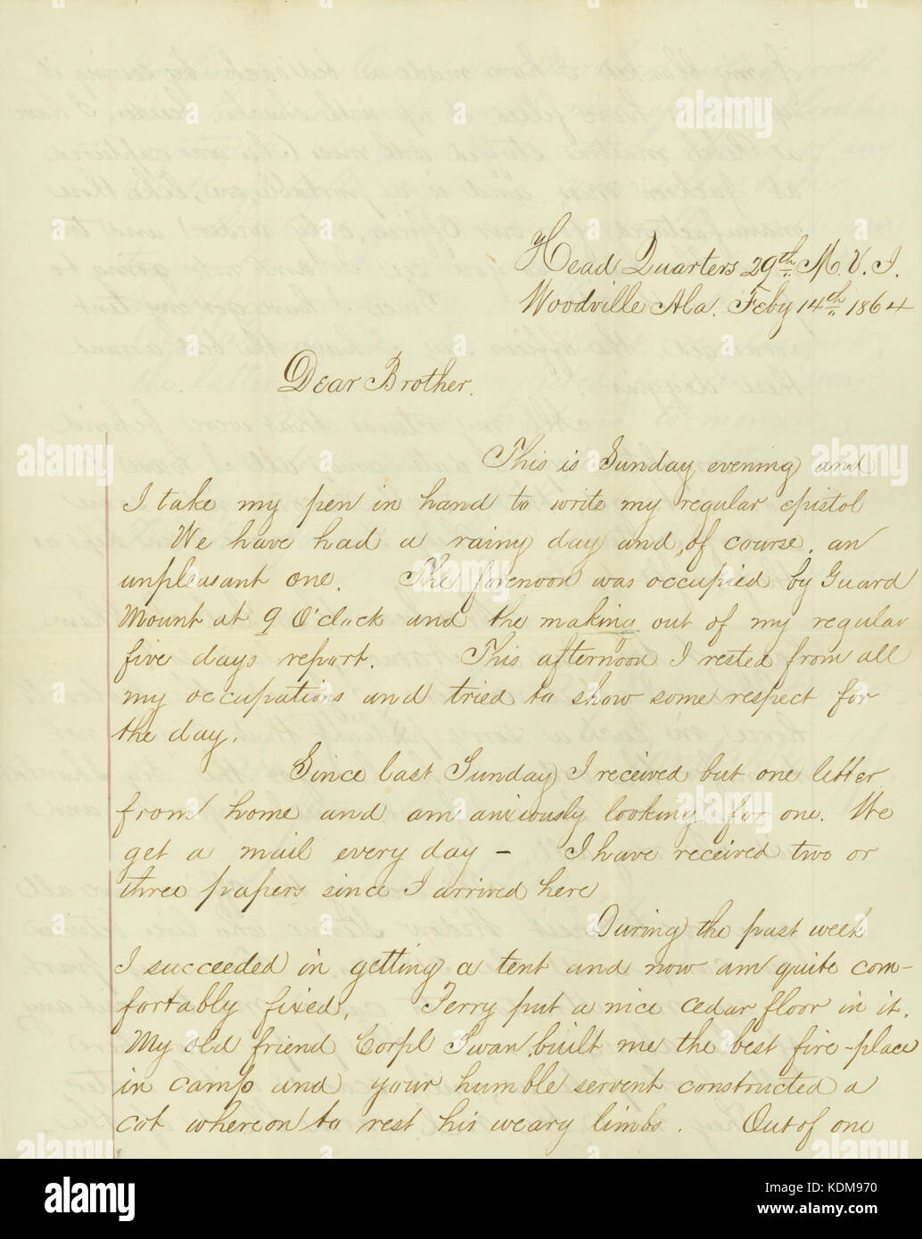 Lettre signée David Allan, Jr., Head Quarters 29e M.V.I., Woodville, Ala., à son frère, James Allan, Saint Louis, Mo., Février 14, 1864 Banque D'Images