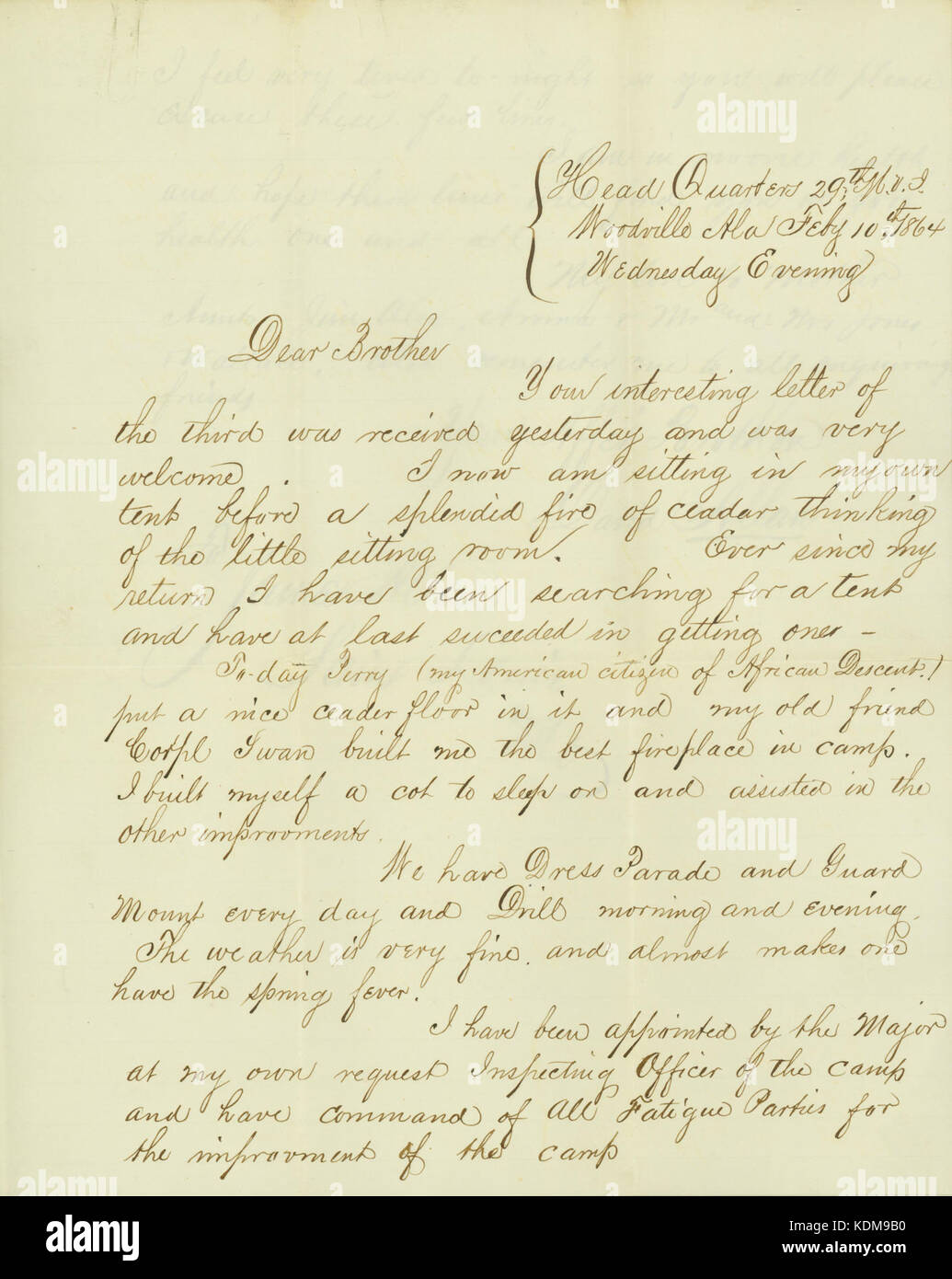 Lettre signée David Allan, Head Quarters 29e M.V.I., Woodville, Ala., à son frère, James Allan, Saint Louis, Mo., Février 10, 1864 Banque D'Images