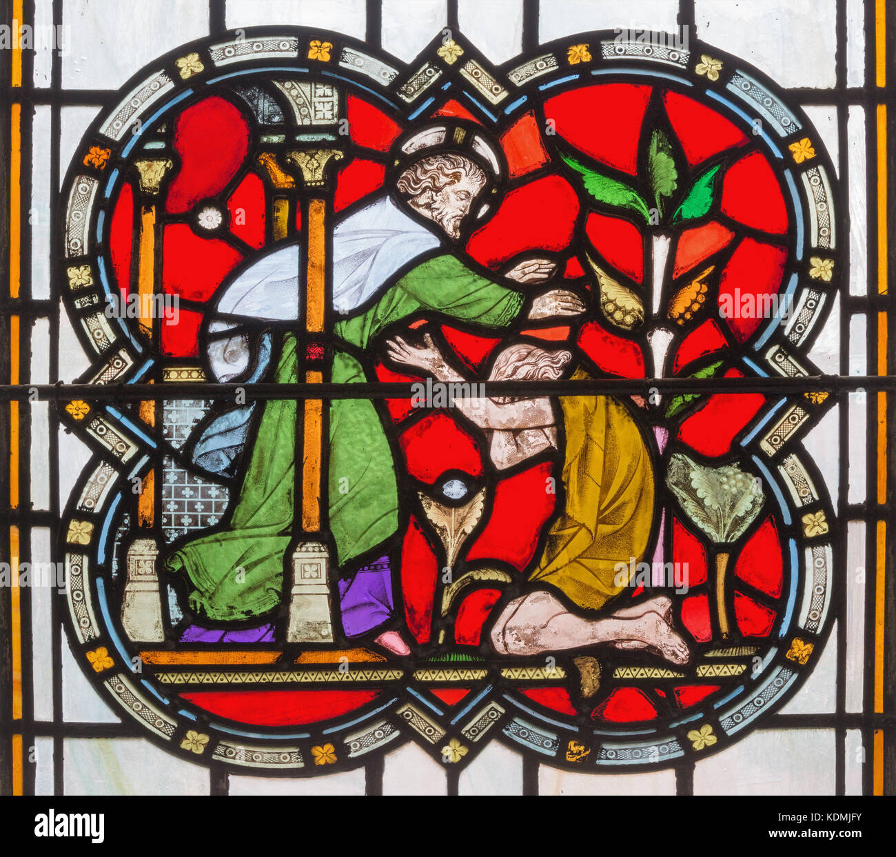 Paris, France - 14 septembre 2017 : la parabole du fils prodigue sur le vitrail dans l'église St Michael cornhill par Clayton et Bell. Banque D'Images