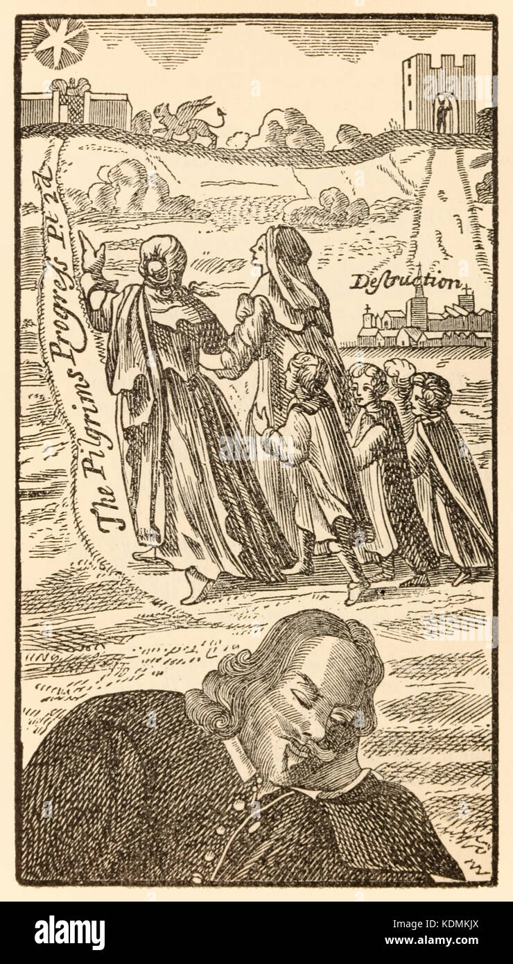 Frontispice de la seconde partie de 'The Pilgrim's Progress de ce monde et de ce qui est à venir' de John Bunyan (1628-1688) montrant l'auteur rêvant de la famille chrétienne, son épouse Christiana et ses 4 garçons avec miséricorde établit, sur leur pèlerinage à de la ville de destruction (monde terrestre) à la cité céleste (ciel). Voir plus d'informations ci-dessous. Banque D'Images