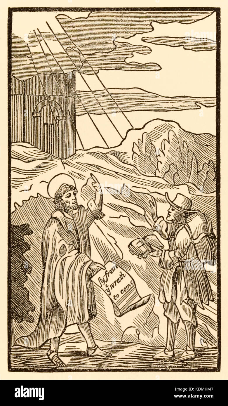 "Christian a peine quitte le monde mais rencontre évangéliste" de "The Pilgrim's Progress de ce monde et de ce qui est à venir' de John Bunyan (1628-1688). Voir plus d'informations ci-dessous. Banque D'Images