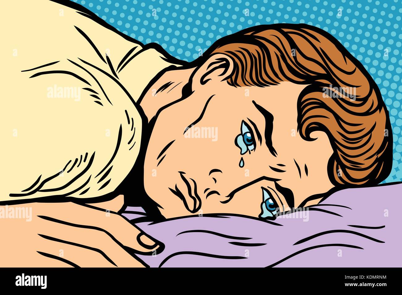 Man lying on bed, dépression douleur et de tristesse. bande dessinée cartoon retro pop art dessin vectoriel illustrator Illustration de Vecteur
