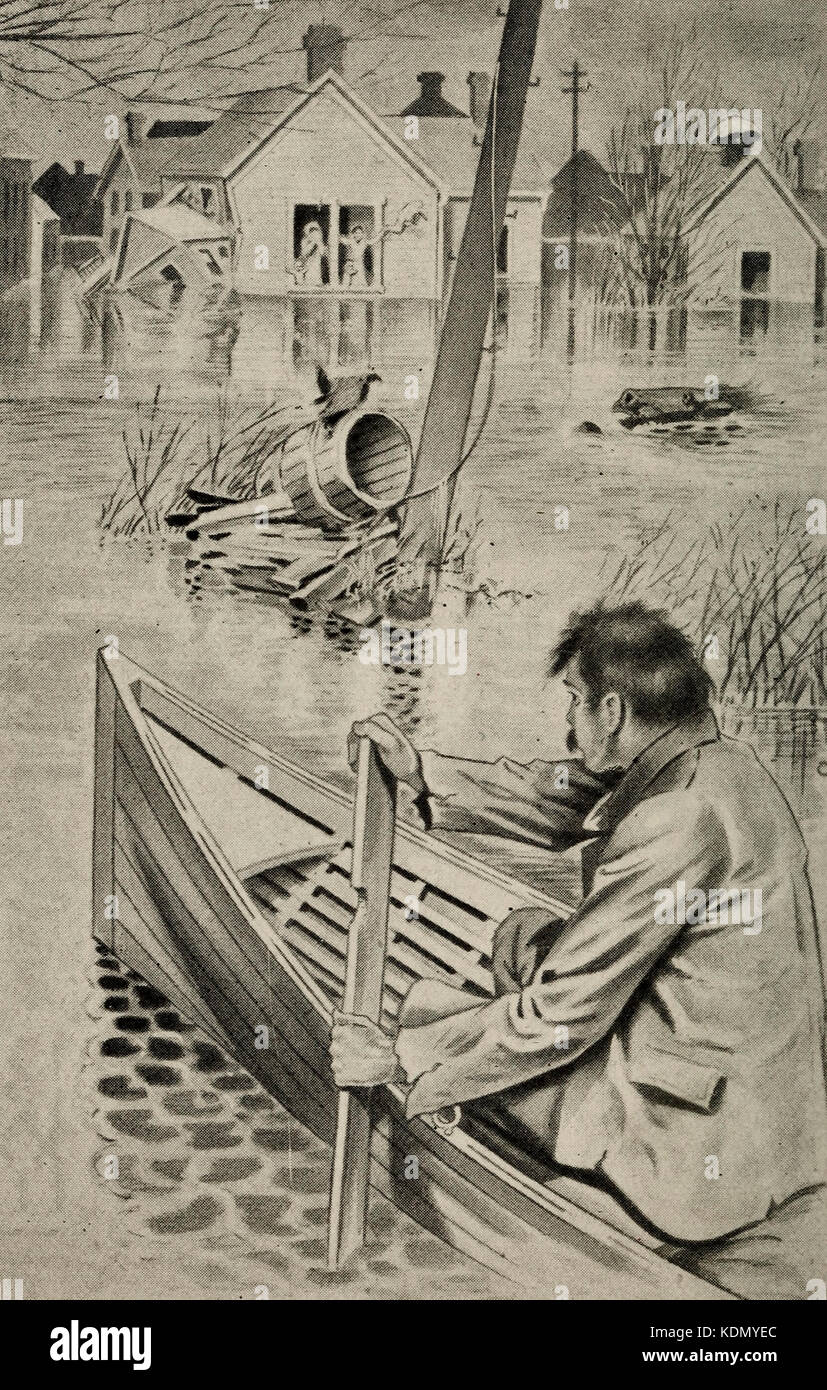 À fenêtres supérieures, les rares au-dessus de la marée, les femmes et les enfants de leurs mains et s'écria essorée - les efforts de sauvetage au cours de la Dayton, Ohio inondation de 1913 - Un homme dans un canoë pagaies à l'égard des femmes et des enfants en détresse Banque D'Images