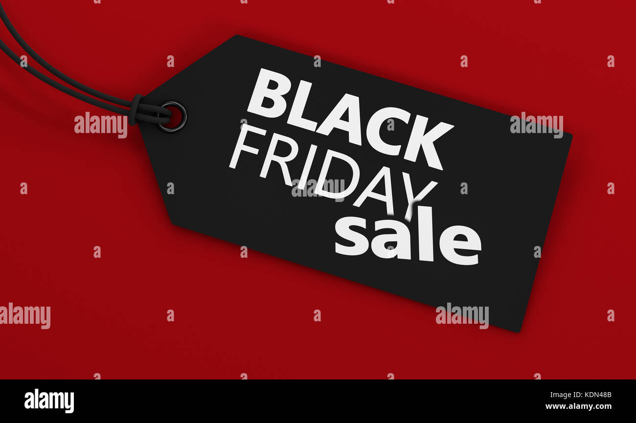 Le vendredi noir le jour d'action de grâce et Noël achats vente étiquette de prix sur fond rouge concept 3d illustration. Banque D'Images