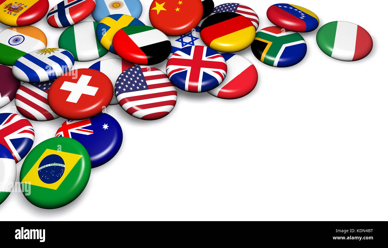 International world flags sur badges boutons 3d illustration. Banque D'Images