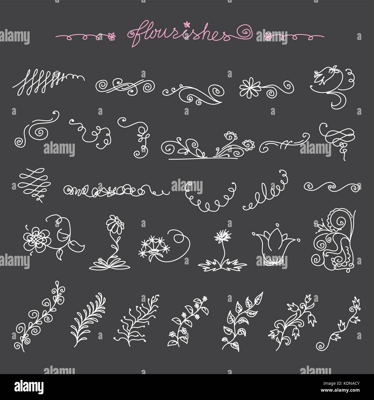 Éléments de conception à la main : des fleurs, des guirlandes, des banderoles, des rubans, vector sur noir Illustration de Vecteur