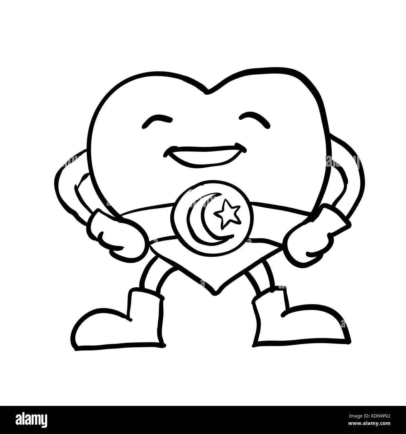 Dessin à la main de cartoon smiling coeur avec crescent star sur la courroie, personnage de super-héros, croquis design for coloring book.vector illustration. - Vecteur j Illustration de Vecteur