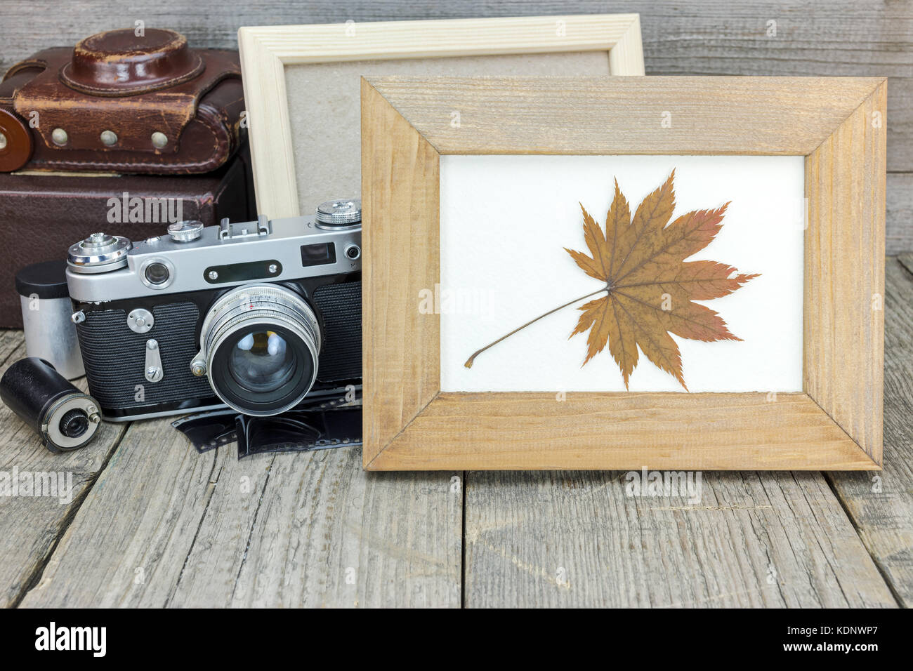 Cadre photo vide et vintage appareil photo avec étui en cuir brun sur la vieille surface en bois gris Banque D'Images