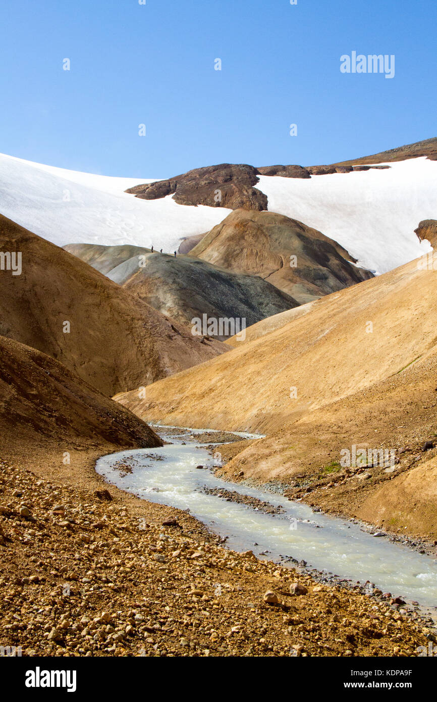 Flux géothermique fonctionnant à travers les glaciers de la vallée avec en arrière-plan, les montagnes kerlingarfjoll, Islande Banque D'Images