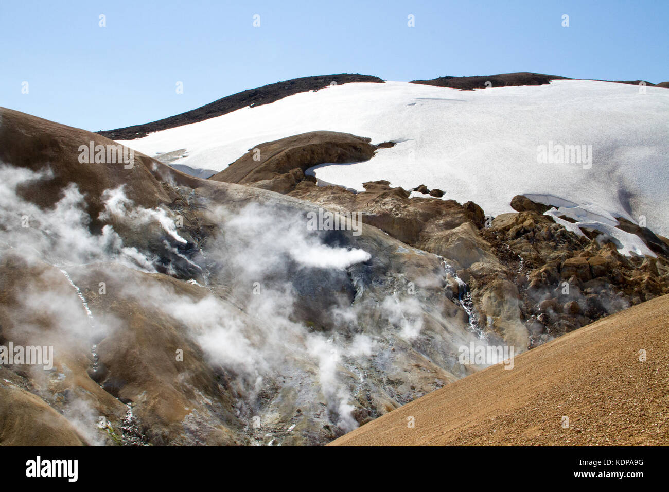 L'augmentation de vapeur à partir de sources géothermiques de glaciers en arrière-plan, les montagnes kerlingarfjoll, Islande Banque D'Images
