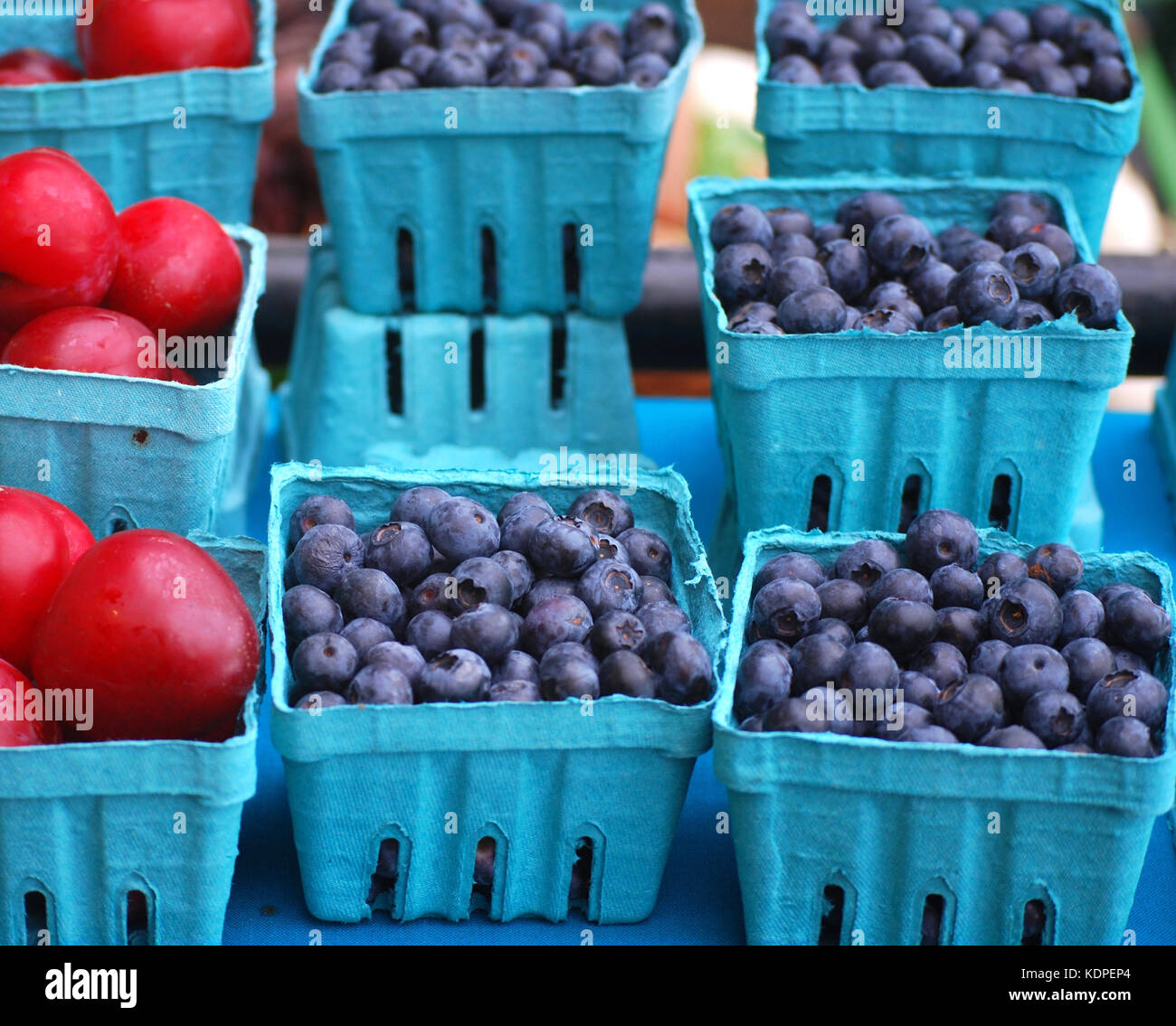 Des paniers remplis avec les prunes et les bleuets Banque D'Images