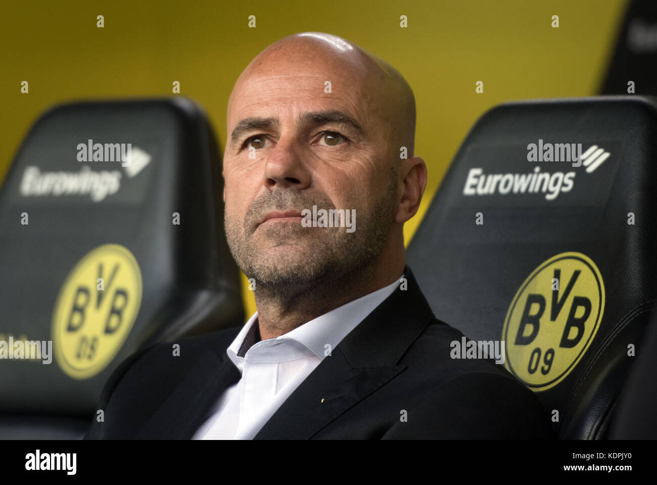 Dortmund, Allemagne. 14 octobre 2017. L'entraîneur de Dortmund, Peter Bosz, est assis sur le banc avant le match de Bundesliga Borussia Dortmund vs RB Leipzig à Dortmund, Allemagne, le 14 octobre 2017. Crédit : Bernd Thissen/dpa/Alamy Live News Banque D'Images