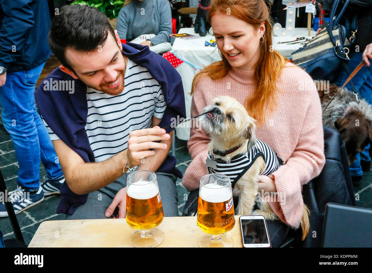 Glasgow, Ecosse, Royaume-Uni. 15 octobre, 2017. Le dimanche de l'art et de Design de Barra (BAaD) lieu dans le célèbre marché aux puces de Barras a accueilli son tout premier dog show avec 100s des chiens et leurs propriétaires aimant tournant jusqu'à célébrer l'amour de Glasgow pour chats grands et petits, d'un pedigree ou juste un mutt. Des prix ont été remis à des concours dont celui de la meilleure écorce, meilleur fancy dress, best loved et meilleur chien de sauvetage. MARIEL PHIMISTER et son petit ami JACK NIXON montrer son animal de 18 mois MARY et lui donner un verre de sa boisson préférée - bière ! Credit : Findlay/Alamy Live News Banque D'Images