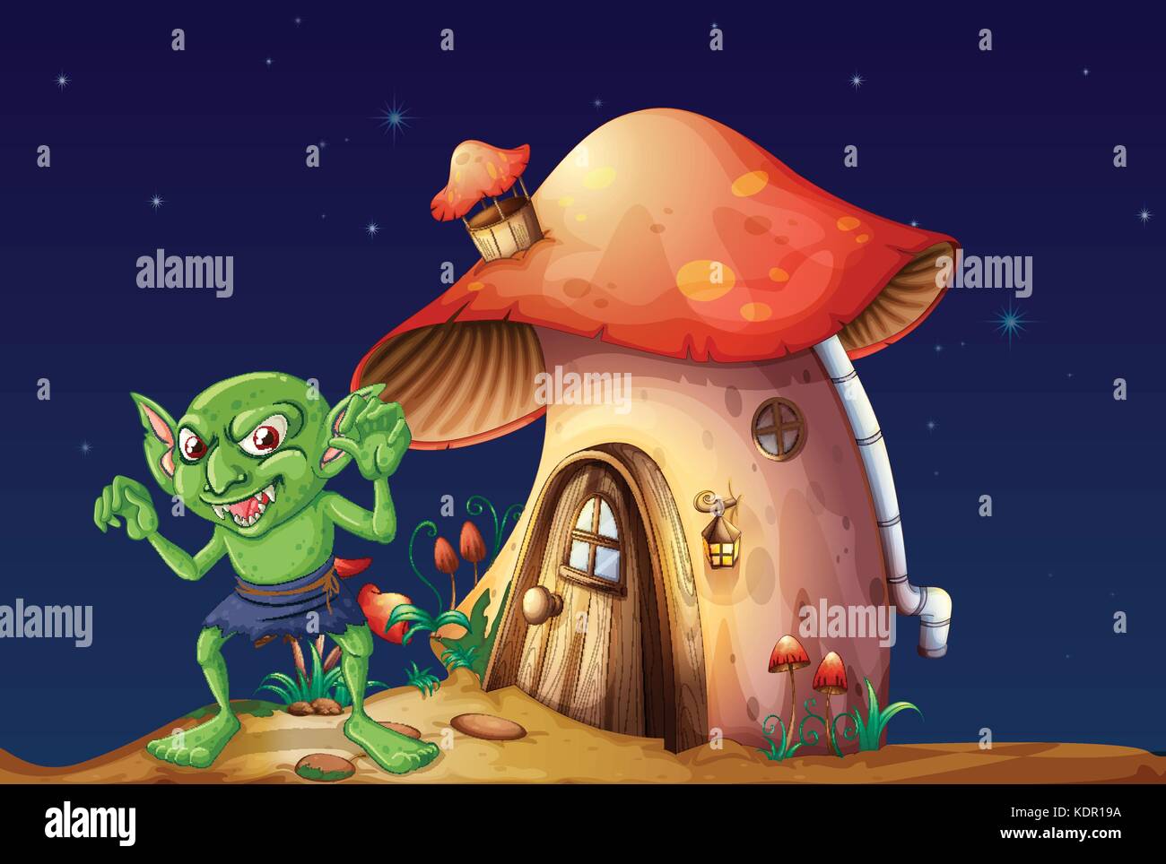 Elf vert et champignons maison la nuit illustration Illustration de Vecteur