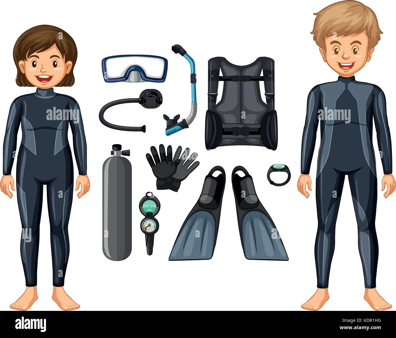 Les plongeurs en combinaison de plongée et différents équipements illustration Illustration de Vecteur