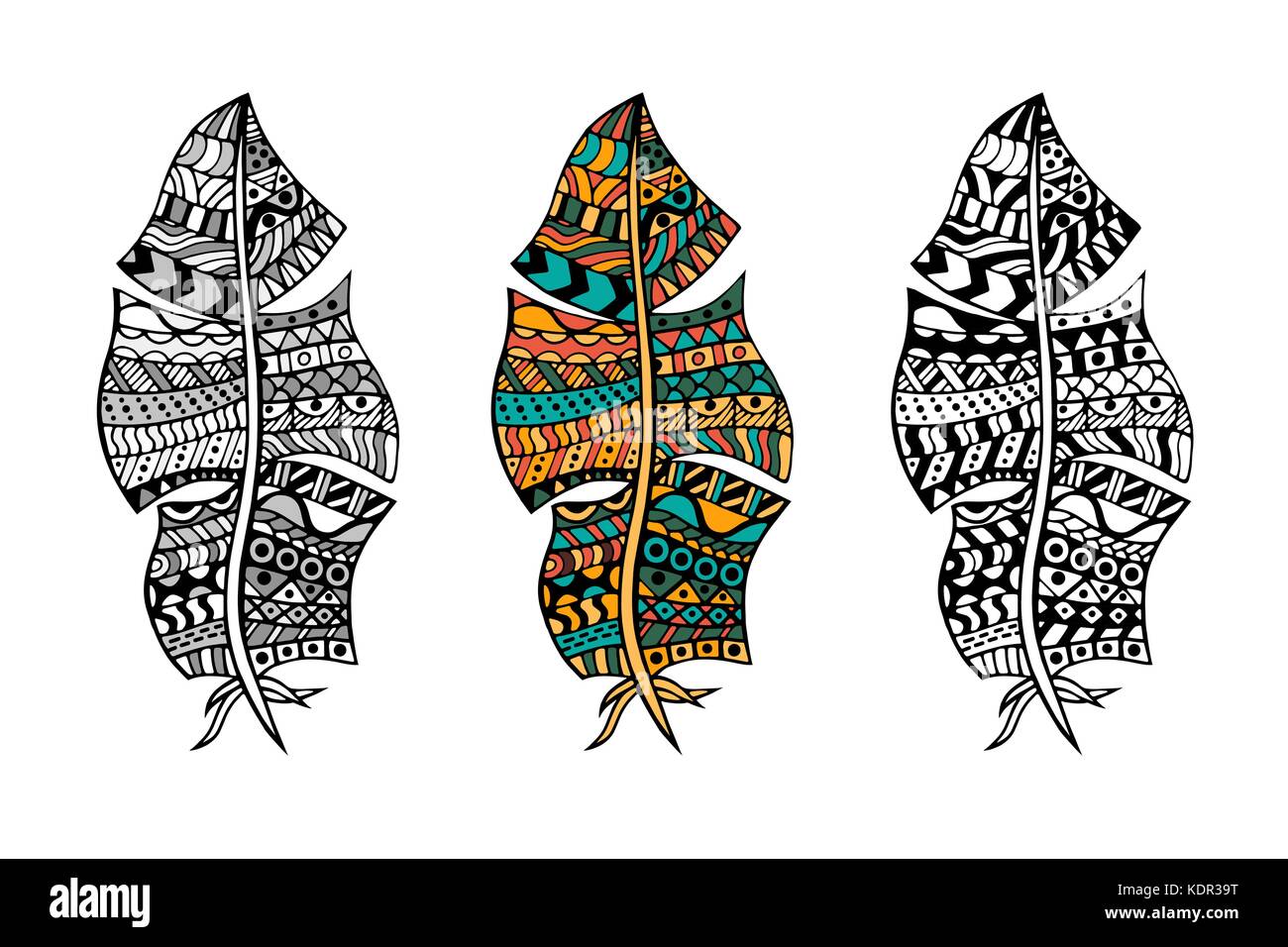 Art tribal stylisé plumes couleur et monochrome pour coloriage adultes. L'art-thérapie anti-stress. Illustration de Vecteur
