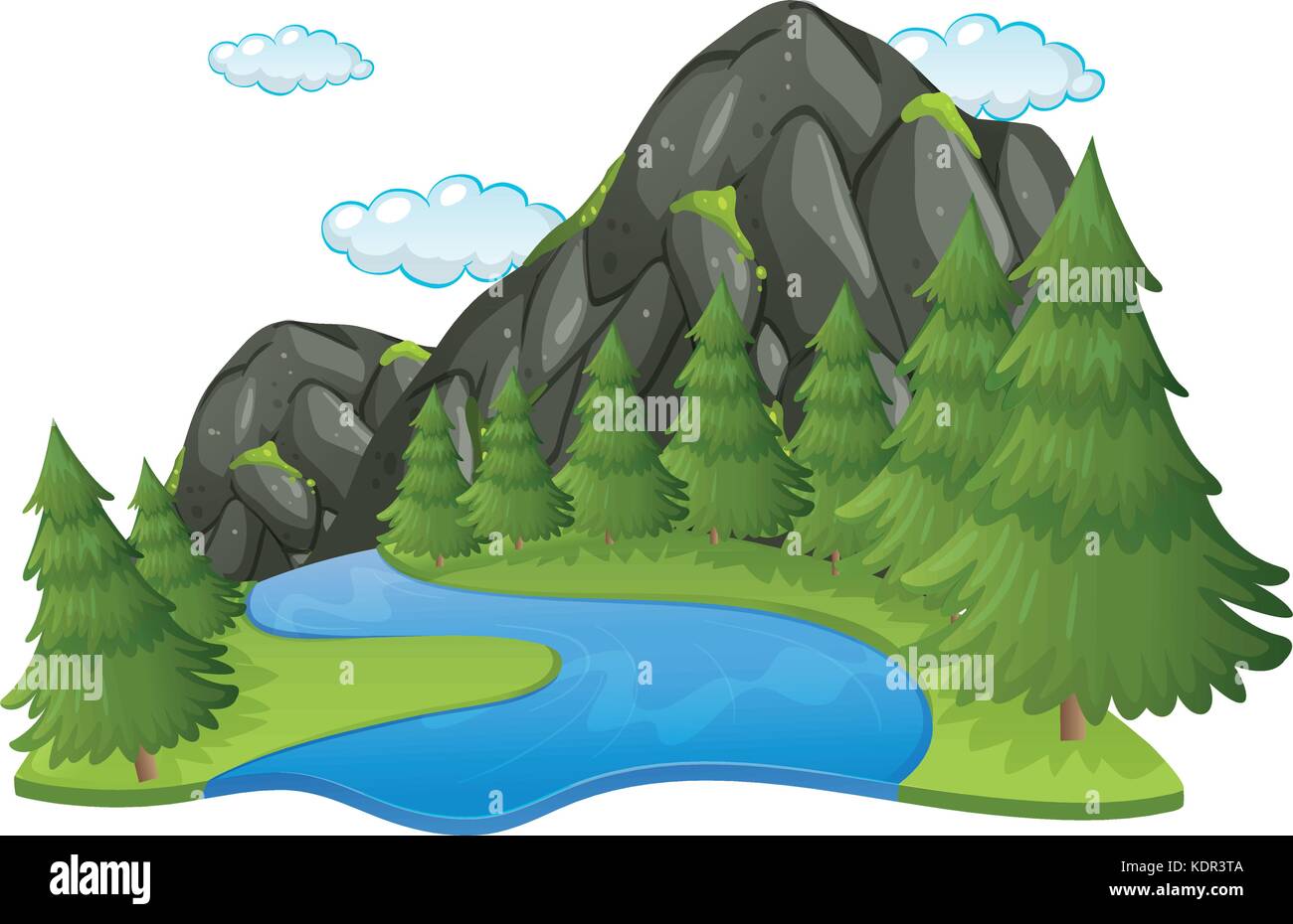 Scène avec illustration fleuve et sur la montagne Illustration de Vecteur