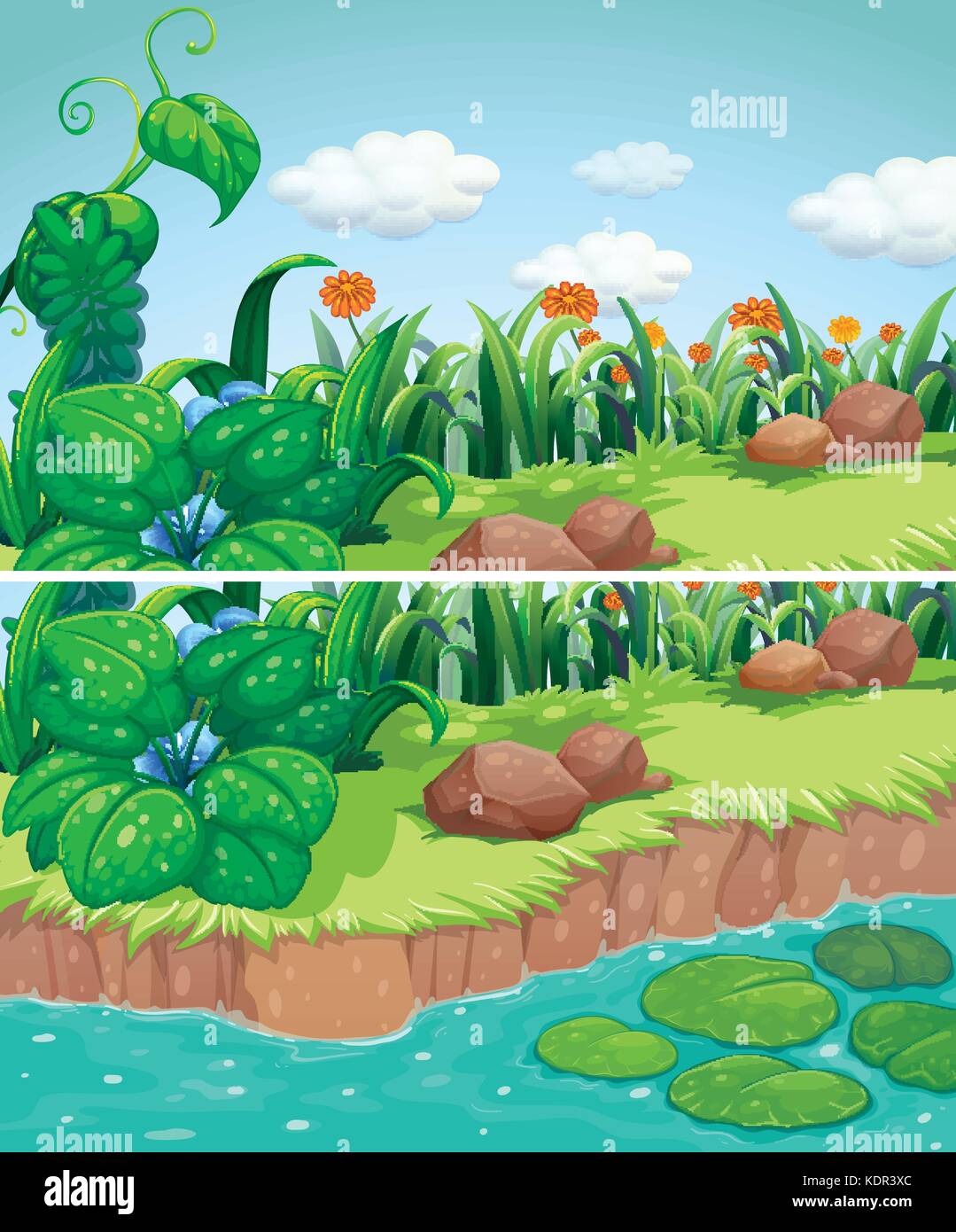 Deux scènes de parc avec des fleurs et de l'illustration de la rivière Illustration de Vecteur