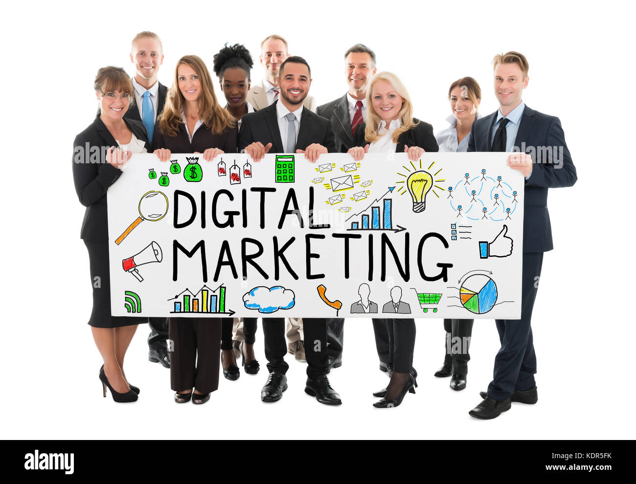 Grand groupe de professionnels businesspeople holding banner de digital marketing sur fond blanc Banque D'Images