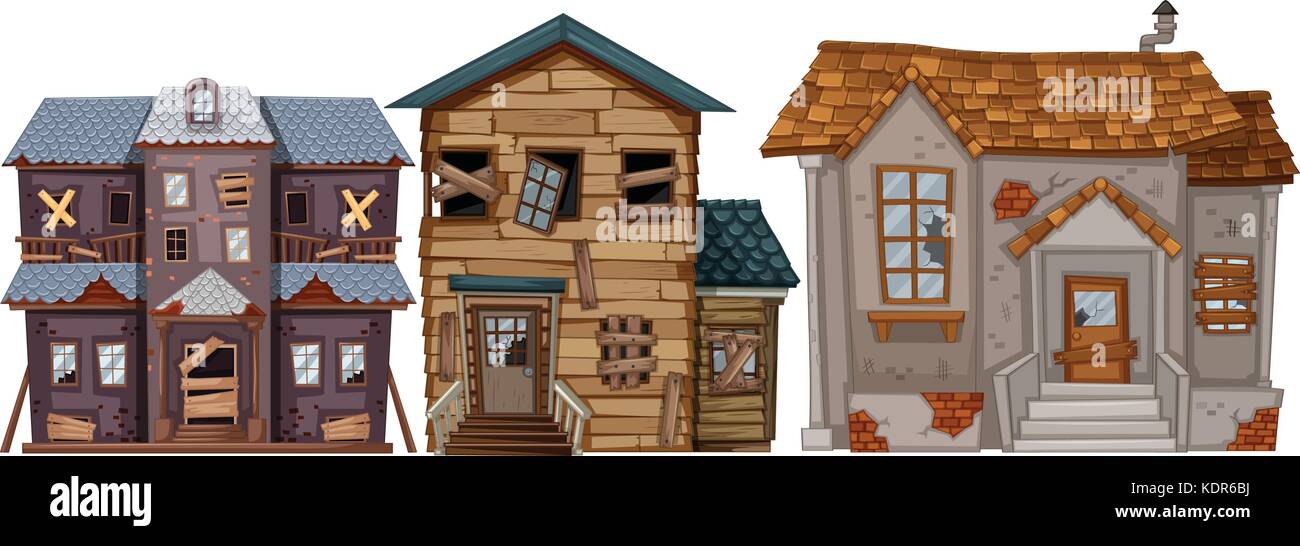 Trois maisons anciennes aux fenêtres brisées, illustration Illustration de Vecteur