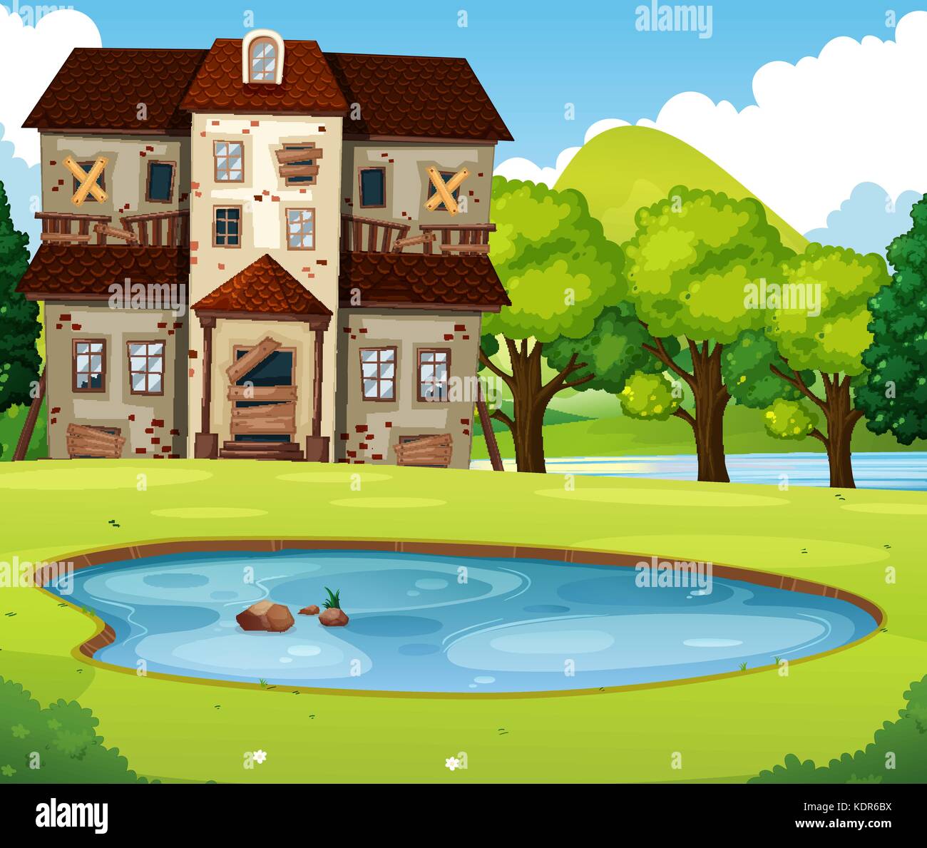 Vieille maison en brique avec pelouse et étang illustration Illustration de Vecteur