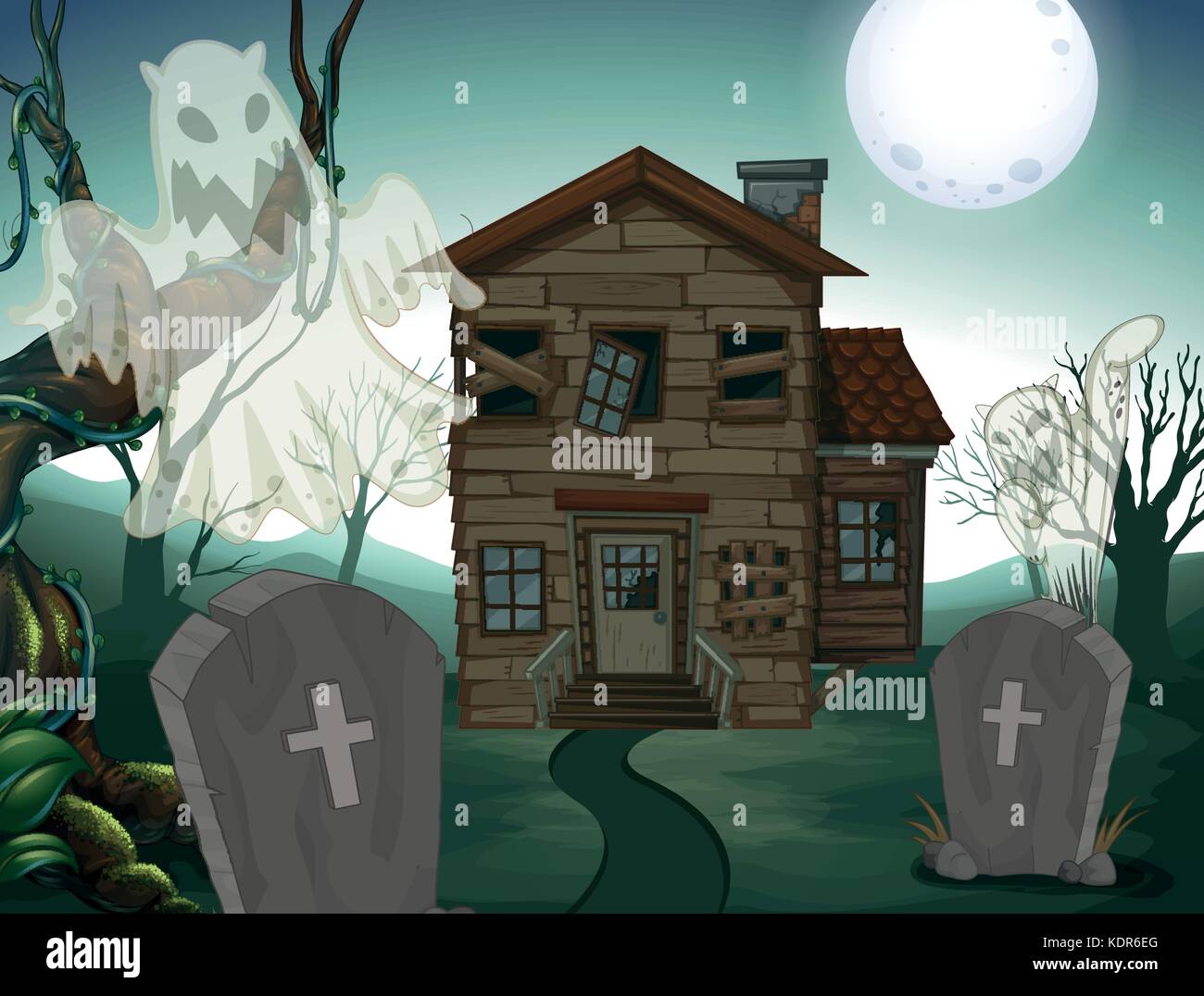 Maison hantée et le cimetière de nuit illustration Illustration de Vecteur