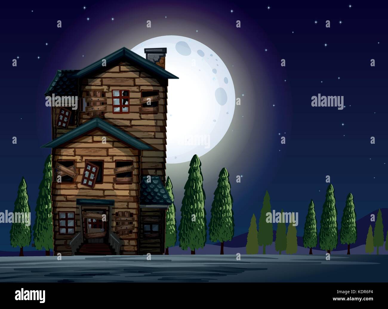 Vieille maison de bois sur fullmoon nuit illustration Illustration de Vecteur