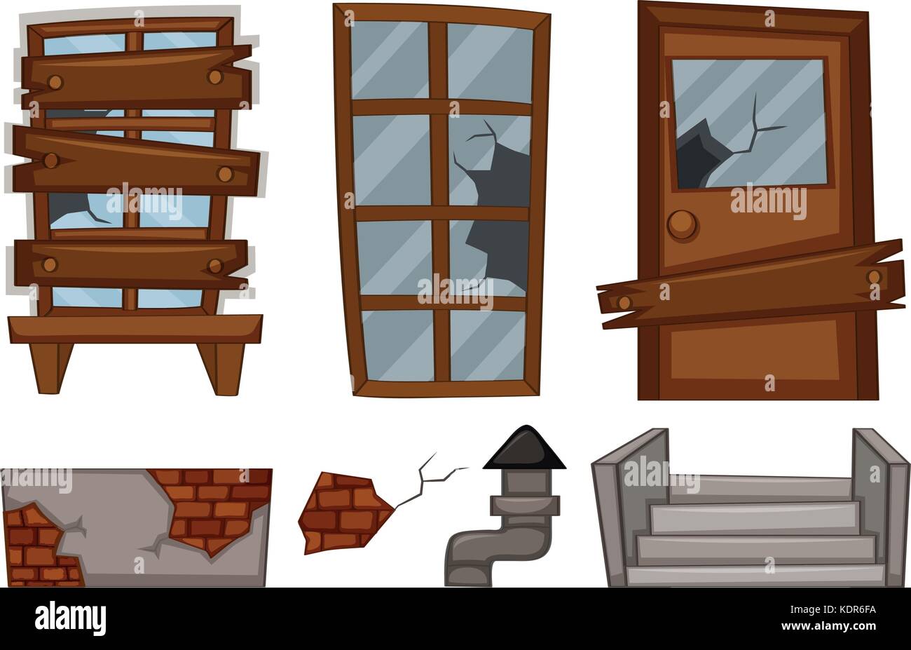 Des fenêtres cassées et porte sur l'illustration blanc Illustration de Vecteur