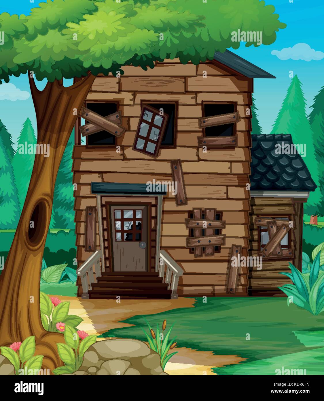 Maison en bois avec mauvais état dans jungle illustration Illustration de Vecteur