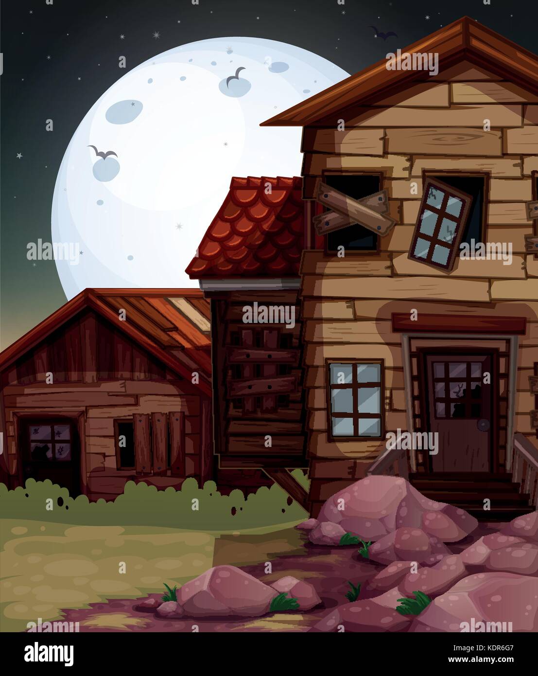 Vieille maison de bois la nuit, illustration Illustration de Vecteur