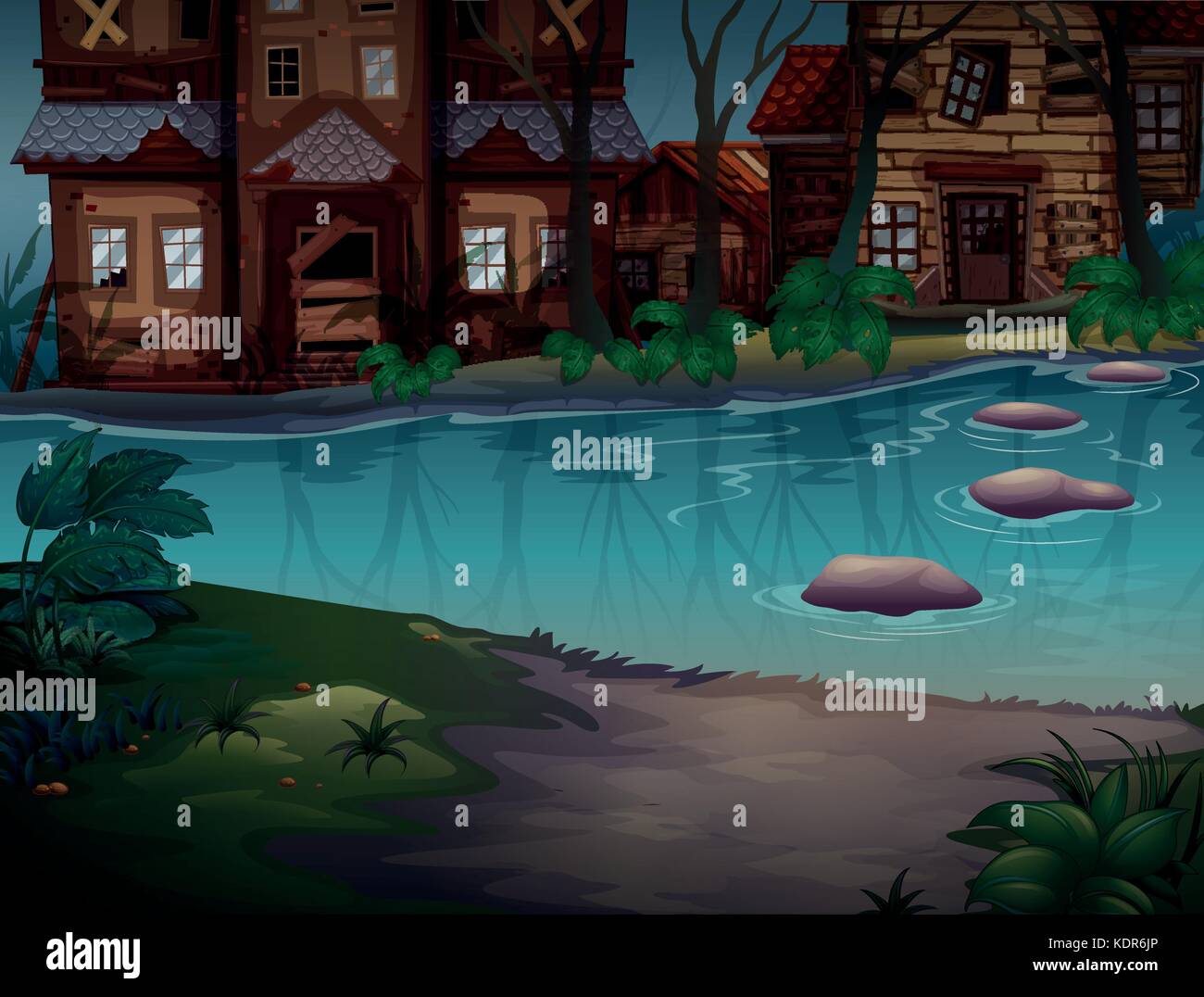 Maisons en mauvais état le long de la rivière illustration Illustration de Vecteur