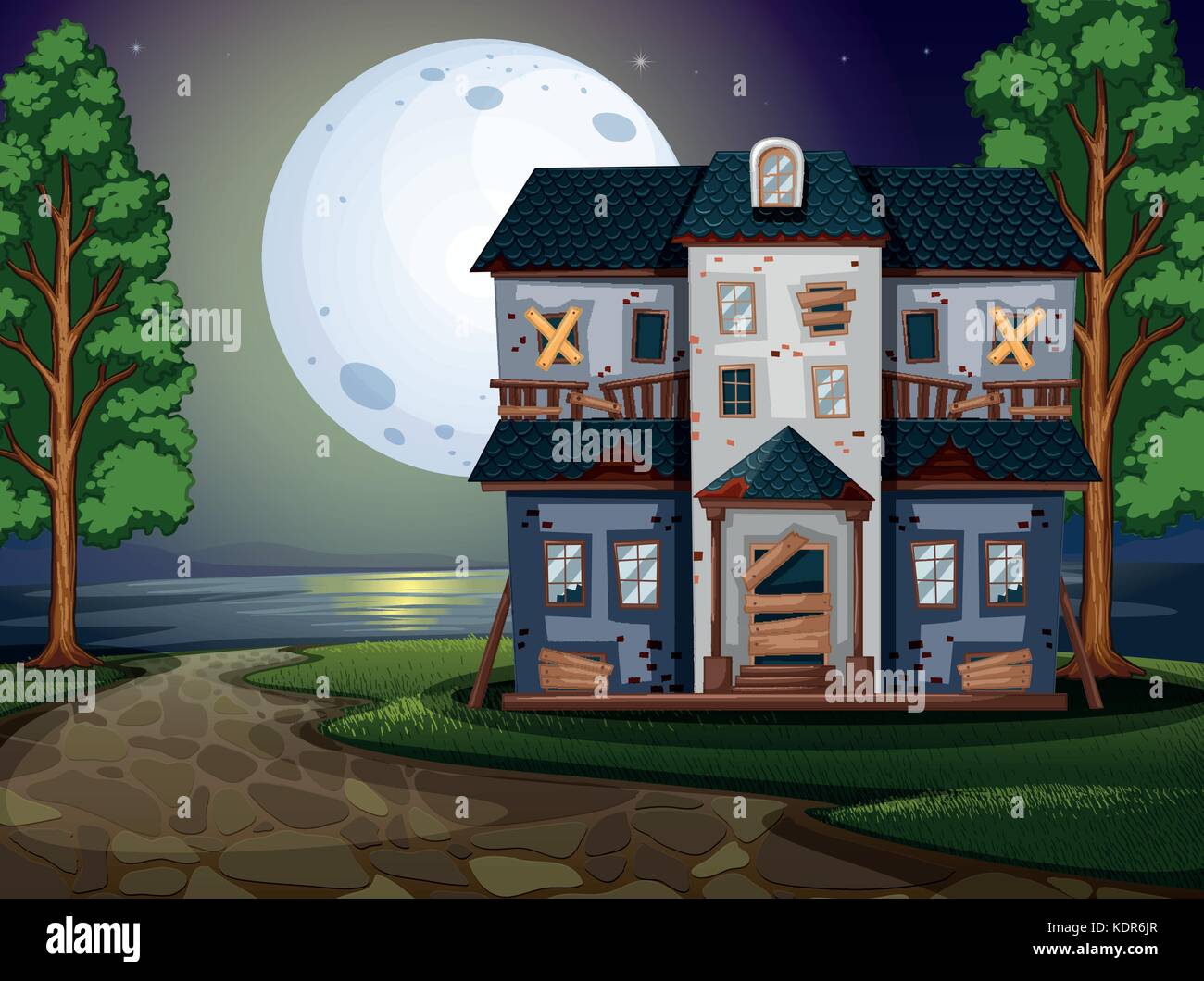 Maison hantée par le lac de nuit illustration Illustration de Vecteur